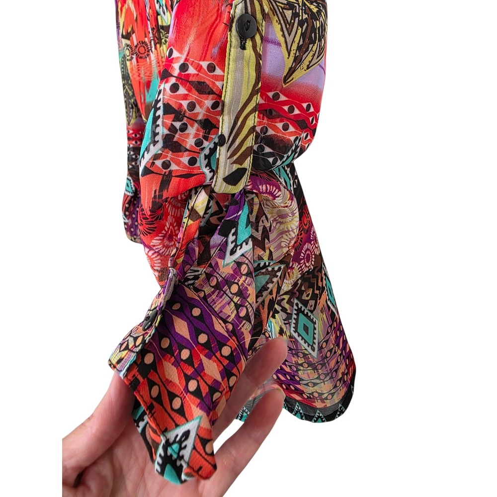 Emma K Womens Multicolor Geometric Tribal Print Tie Back Button Down Blouse S - Picture 8 of 11